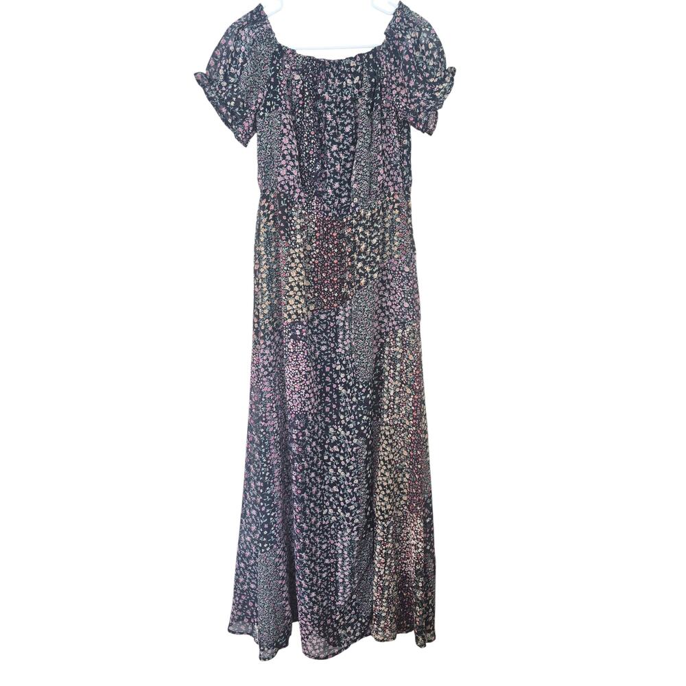 Lulus Maxi Dress Sz L Boho Ditsy Floral Patchwork Print Slit Off Shoulder NWT - Picture 4 of 7